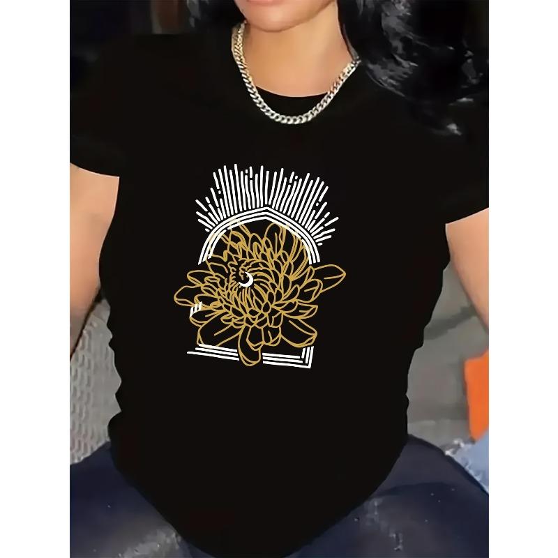 

European sizes Golden Floral PatternFashionable Retro Style Women s Round-Neck Short-Sleeved T-Shirt, Summer Casual Y, Lightweight and Breathable 4XL