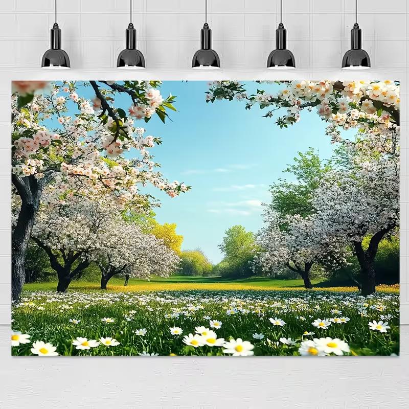 

2D Sunny Cherry Blossom Backdrop Blooming Trees & Daisies Party Photo Background 47.2x31.5inch/120*80cm