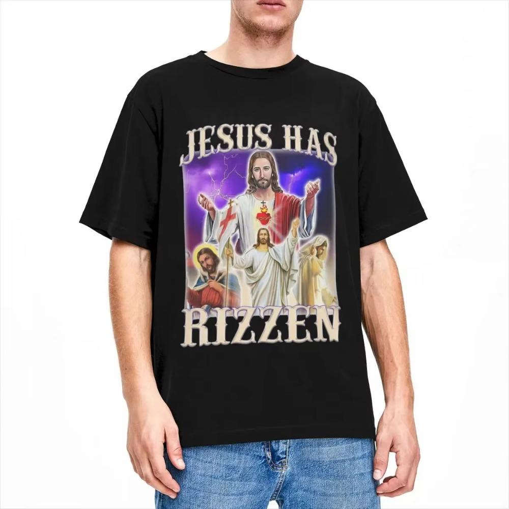 Men Women Jesus Has Rizzen Rizz Humor Christ Gag Gift T-Shirts Apparel Cotton Funny Catholic Jesus Meme T Shirts Tee Clothes