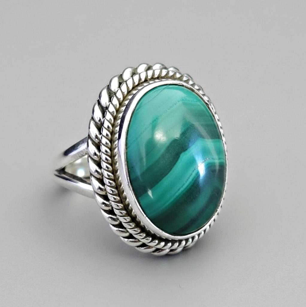 Natürlicher Malachitring, Handgefertigter Silberring, 925 Sterlingsilberring, Ovaler Malachit Designerring