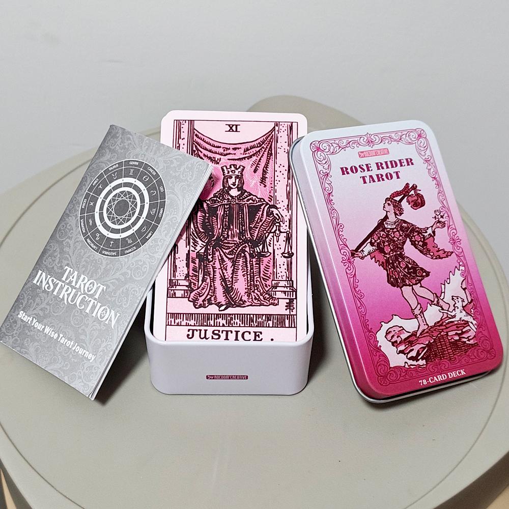 Rose Rider Tarot Deck 11*6.2cm in Tin Box - 78 Classic Vintage Pink Tarot Cards with Guidebook, Aesthetic Rose Pink