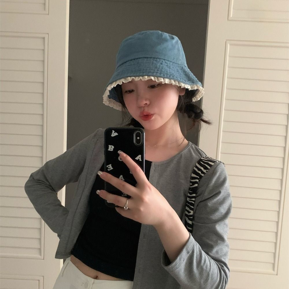 Big Brimmed Lace Fisherman Hat Y2K Panama Hat Fashion Denim Bucket Hat  Lady