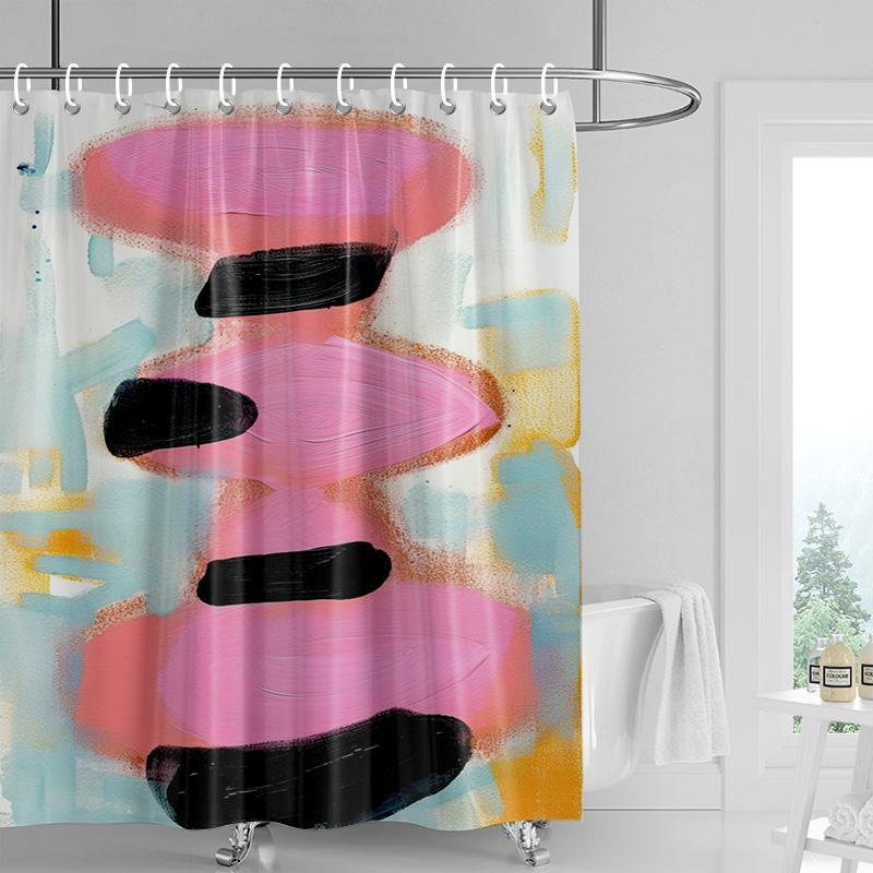 Abstract Handprint Shower Curtain - White with Colorful Geometric Shapes, Waterproof with Grommets, Modern Bathroom Decor