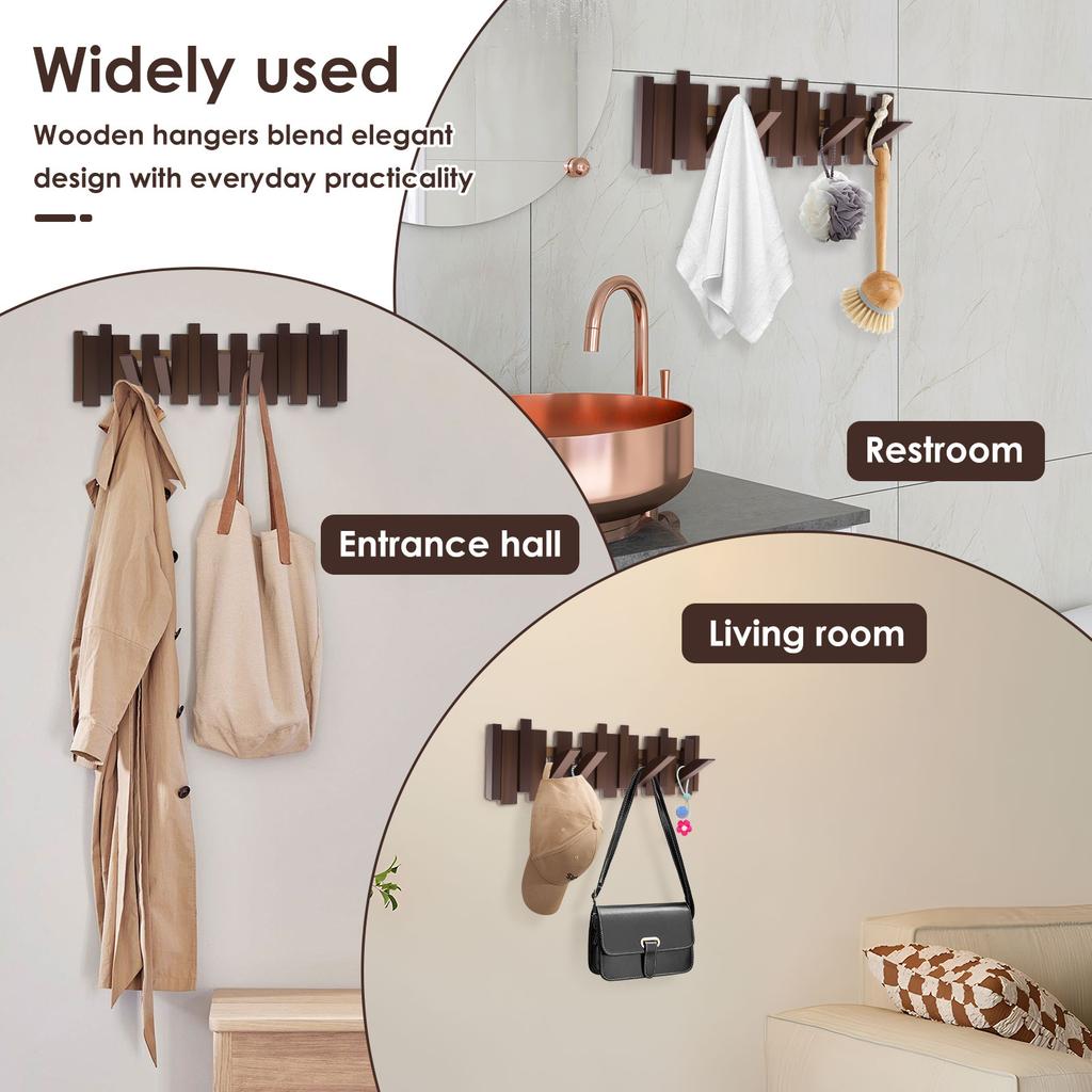 Wall Mounted Piano Coat Rack Wooden Hallway Wall Hooks with 8 Hooks Space Saving Flip Down Wall Hook for Home Entryway Bathroom