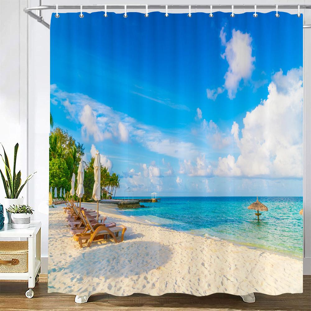 3D Seascape Beach Printed Fabric Shower Curtains Bathroom Curtain Bath Screen Waterproof Products Home Decor With Hooks