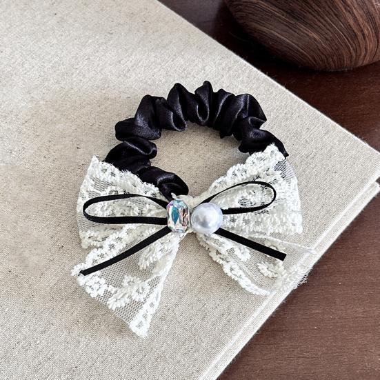 Hair Rope High Elasticity Lace Ribbon Bow Imitation Pearls Rhinestones Decor Hair Tie