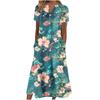 Women's V‑Neck Button Short Sleeve Midi Dress Loose Printed Casual Dress With Side Pockets