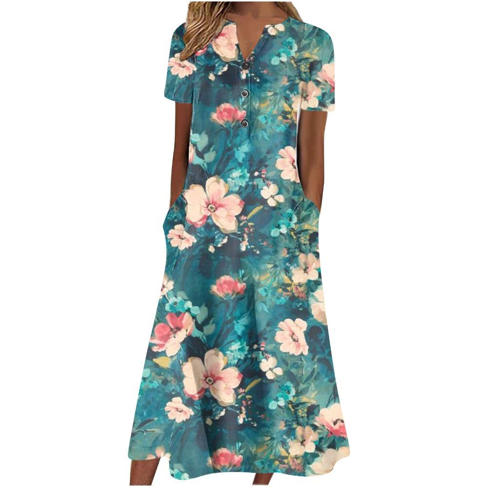 Women's V‑Neck Button Short Sleeve Midi Dress Loose Printed Casual Dress With Side Pockets