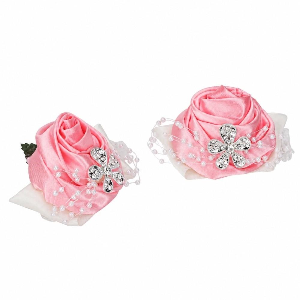 2pcs Diamond Rose Hand Flower Pearl Rhinestone Bridal Wrist Flower For Bridesmaid