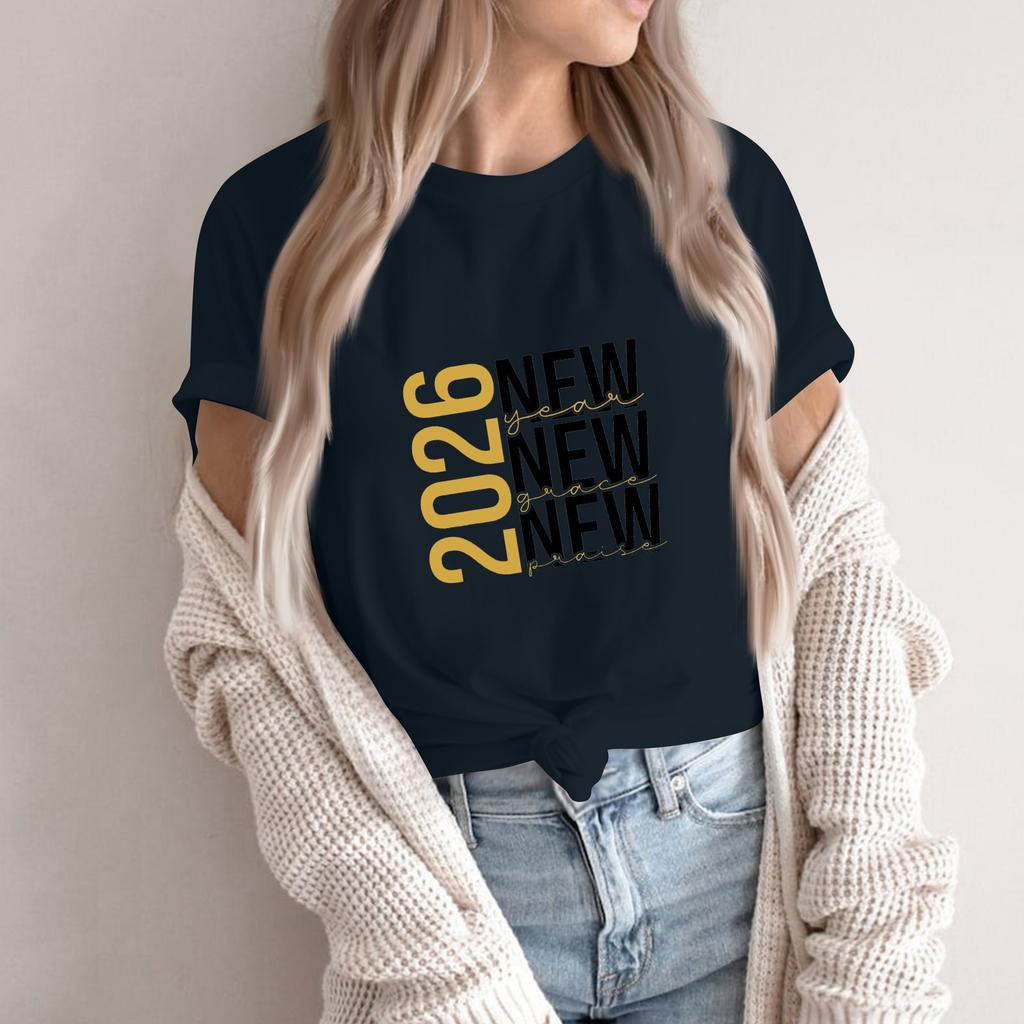 Women's Fashion 2026 New Year Printed Round Neck Short Sleeve Top