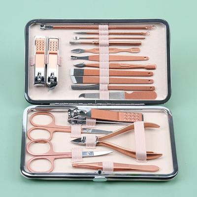 Coupe-ongles professionnel en acier inoxydable, 18 pièces/ensemble, or Rose, ciseaux multifonctions, pince à épiler, outils de soins des pieds et des mains
