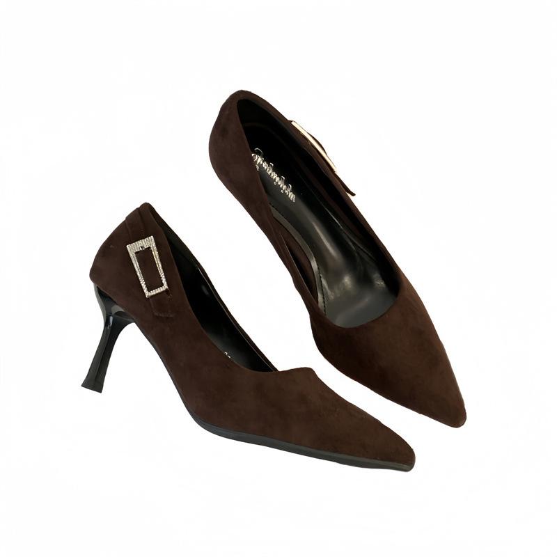 2025 spring and autumn new fashion versatile pointed heel high heels women's suede single shoes work shoes temperament women