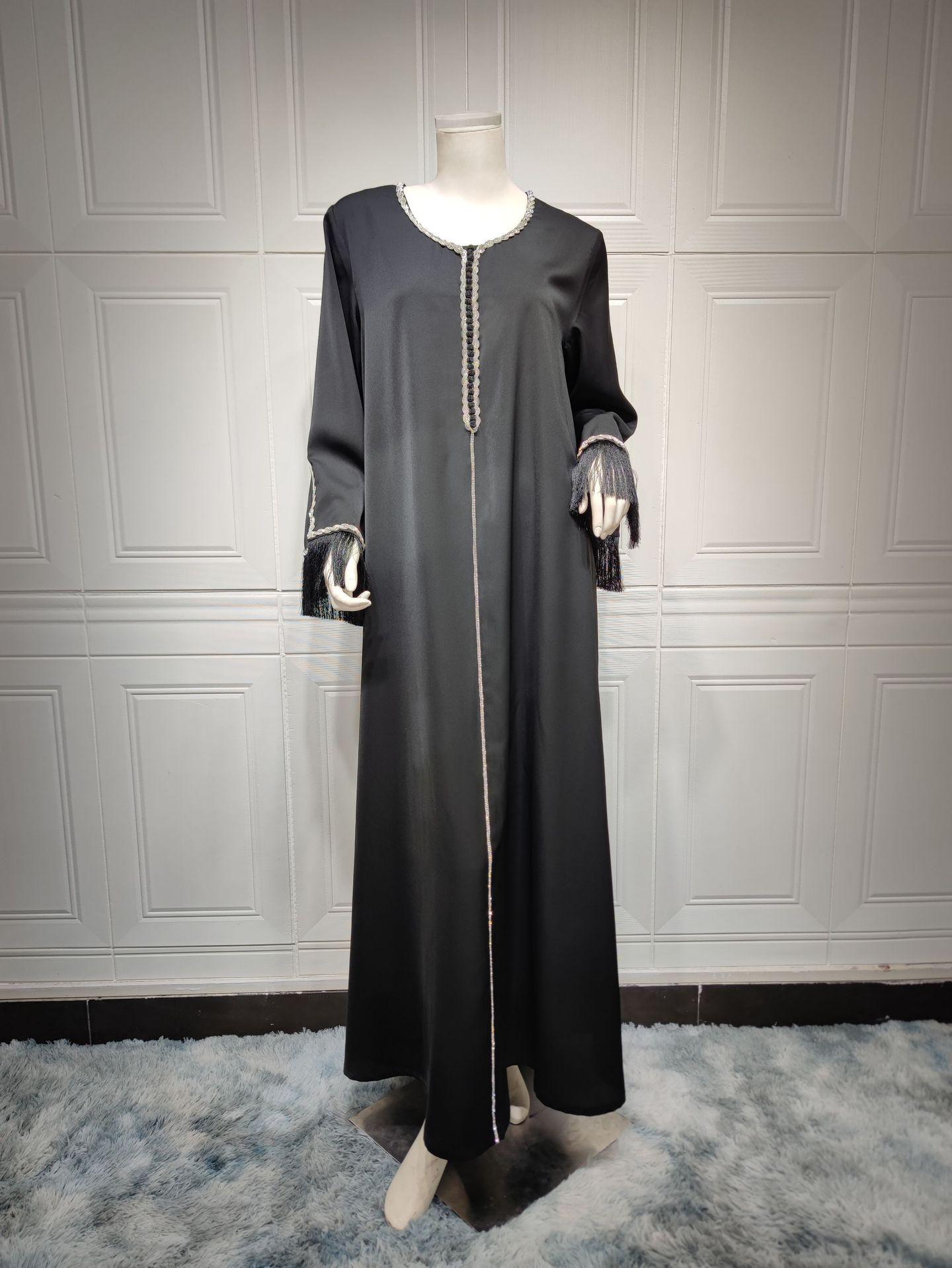 

AB329 Middle Eastern Rhinestone Tassel Dress - Dubai Saudi Women s Fashion Robe Medium чорний