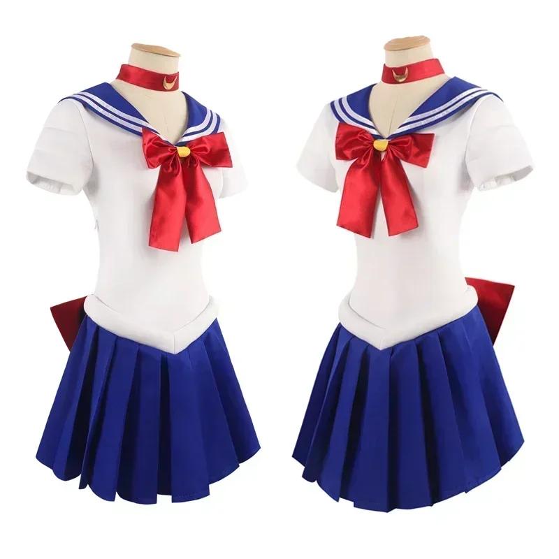 Costume Cosplay da Adulto da Donna Sailor Moon Tsukino Usagi Set 7 Pezzi Vestito Sailor Cristallo Parrucca Accessori Uniforme Outfit Halloween