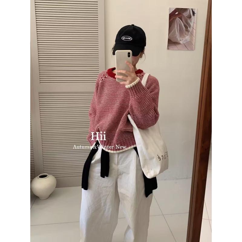 

Ленивый пуловер для женщин с круглым вырезом, вязаный, модный, повседневный, с длинным рукавом S красный