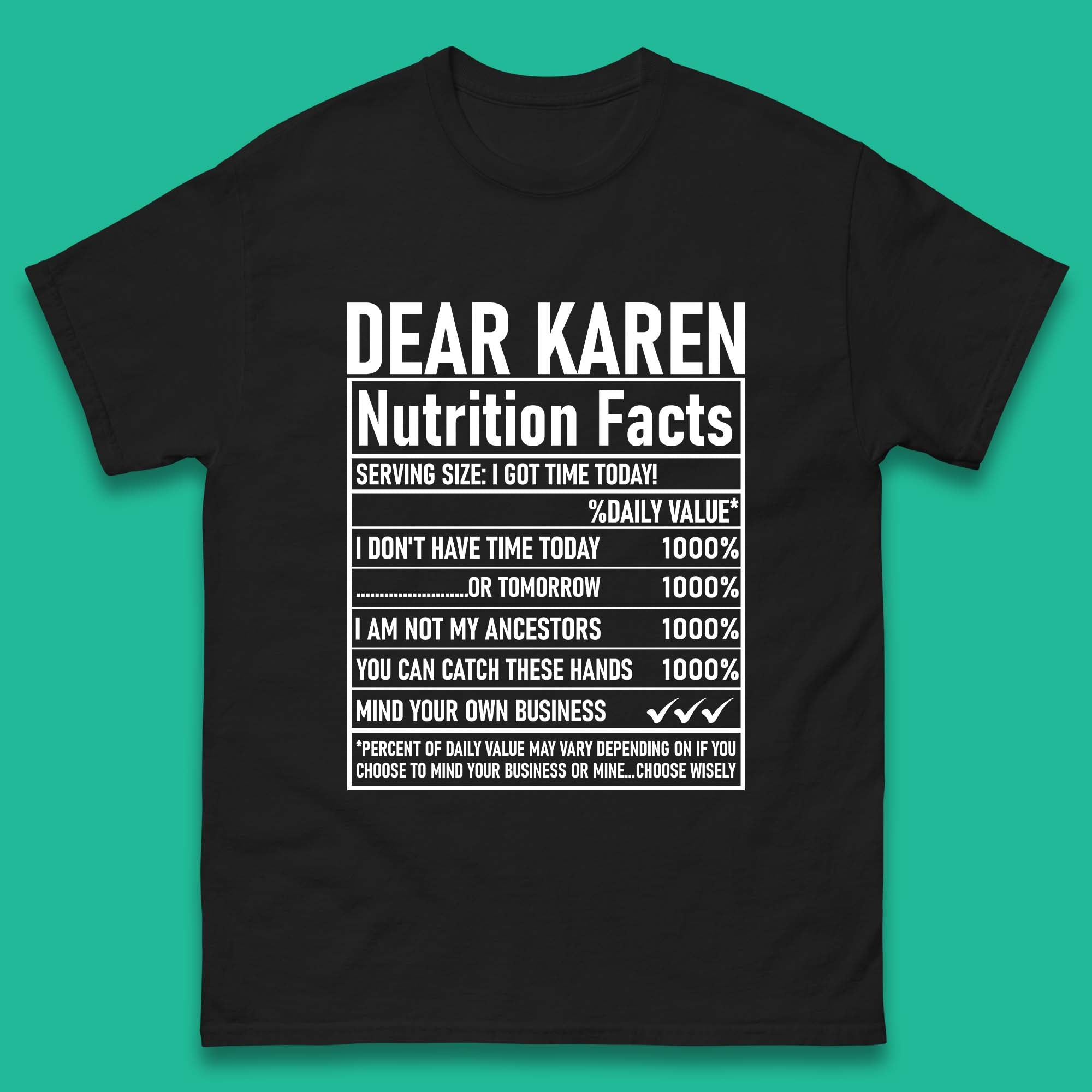 Dear Karen Nutrition Facts Mens T-Shirt Womens Tops Tees XL