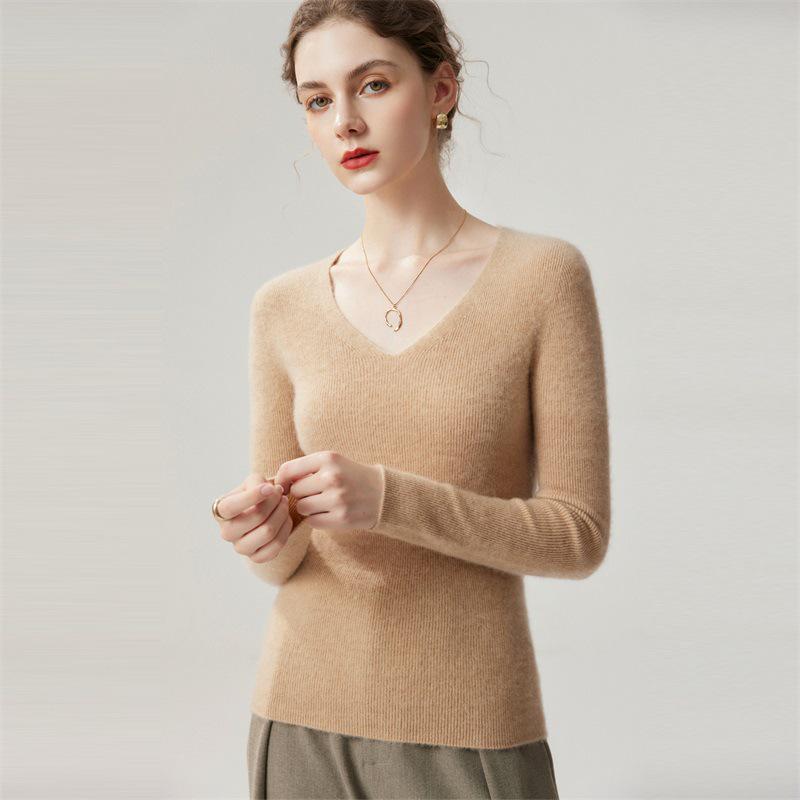 Women's 100% Cashmere Striped V-Neck Slim-Fit Sweater