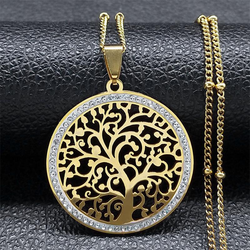 Fashion Tree of Life Stainless Steel Necklace Gold Color Crystal Pendant Necklaces Elegant Women Girl Jewelry Gifts N76S01