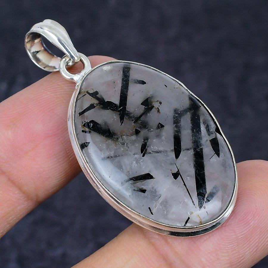 Black Rutile Gemstone Handmade 925 Sterling Silver Jewelry Pendant 1.97" E3L49