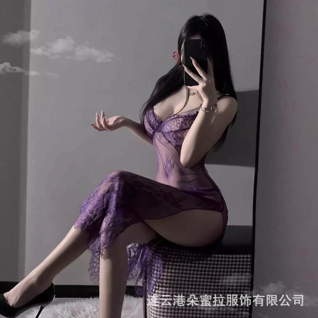 Sexy lingerie sexy bed teasing purple suspender small chest lace split dress