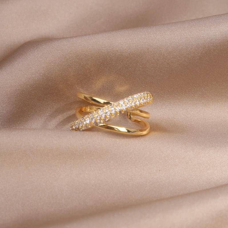 Korea Design Fashion Jewelry 14K Real Gold Electroplating Zircon Geometry Ring Elegant Women's Daily Work Open Ring
