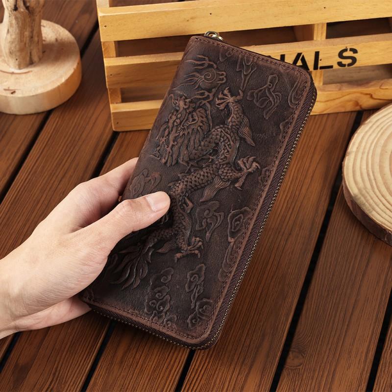 Crazy Horse Leather National Trend Long Wallet Men s Large-capacity Zipper Clutch Authentic Retro Style Card Bag 19x9x3cm