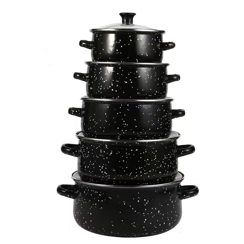 Sada smaltovaného nádobí s tečkami: Zesílené 5dílné hrnce na polévku (Model 673DG-K)