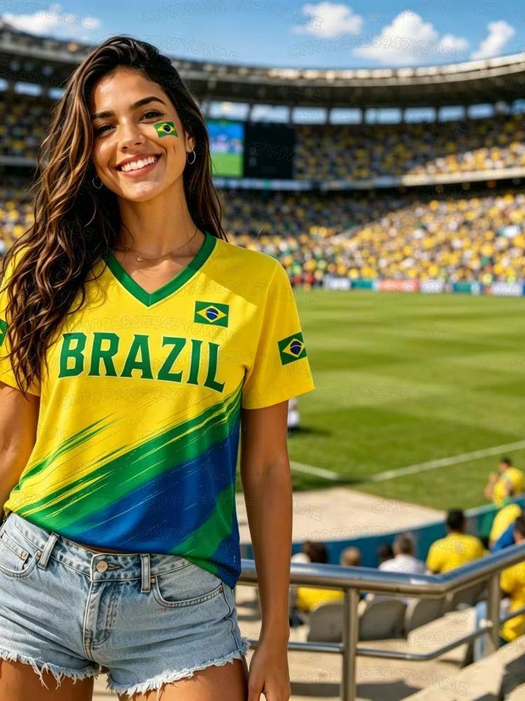 T-shirt Estiva Grafica a Maniche Corte con Scollo a V Stampa Brasile 10 da Donna Uomo Maglie Taglie Forti Maglietta Sportiva