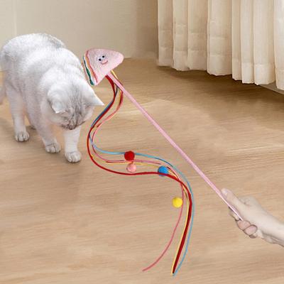 Cat Teaser Wand Interactive Cat Tassel Rod with Cartoon Plush Figures Bell Pompom