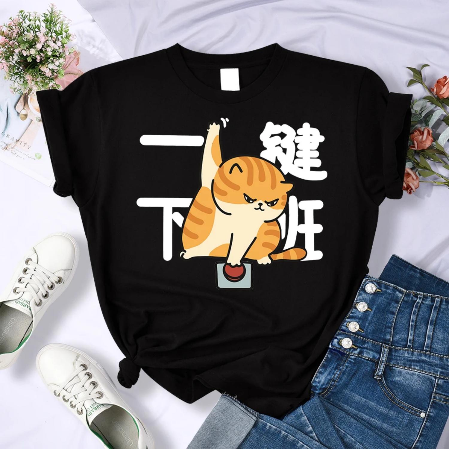 

One Click Off Work Working Cat Printed Women T Shirt Breathable Soft Short Sleeve Hip Hop Summer Clothes Soft Crewneck Woman Top S чёрный