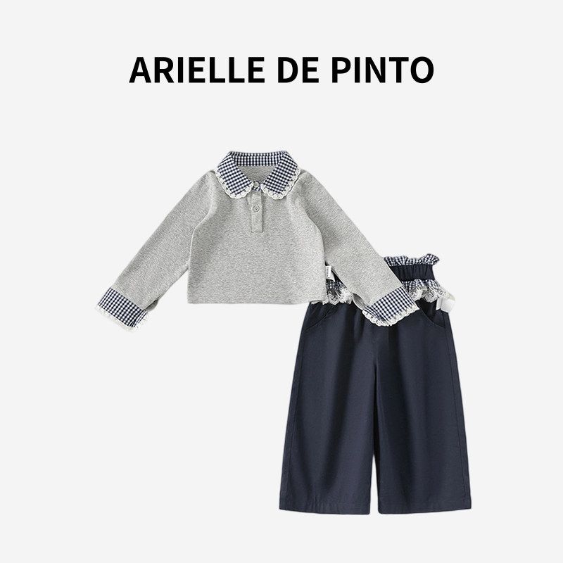 French Arielle De Pinto New Style Lapel Patchwork Lace-Trimmed Sweatshirt and Children s Lace-Trimmed Sweatpants Two-Piece Set Gray 80