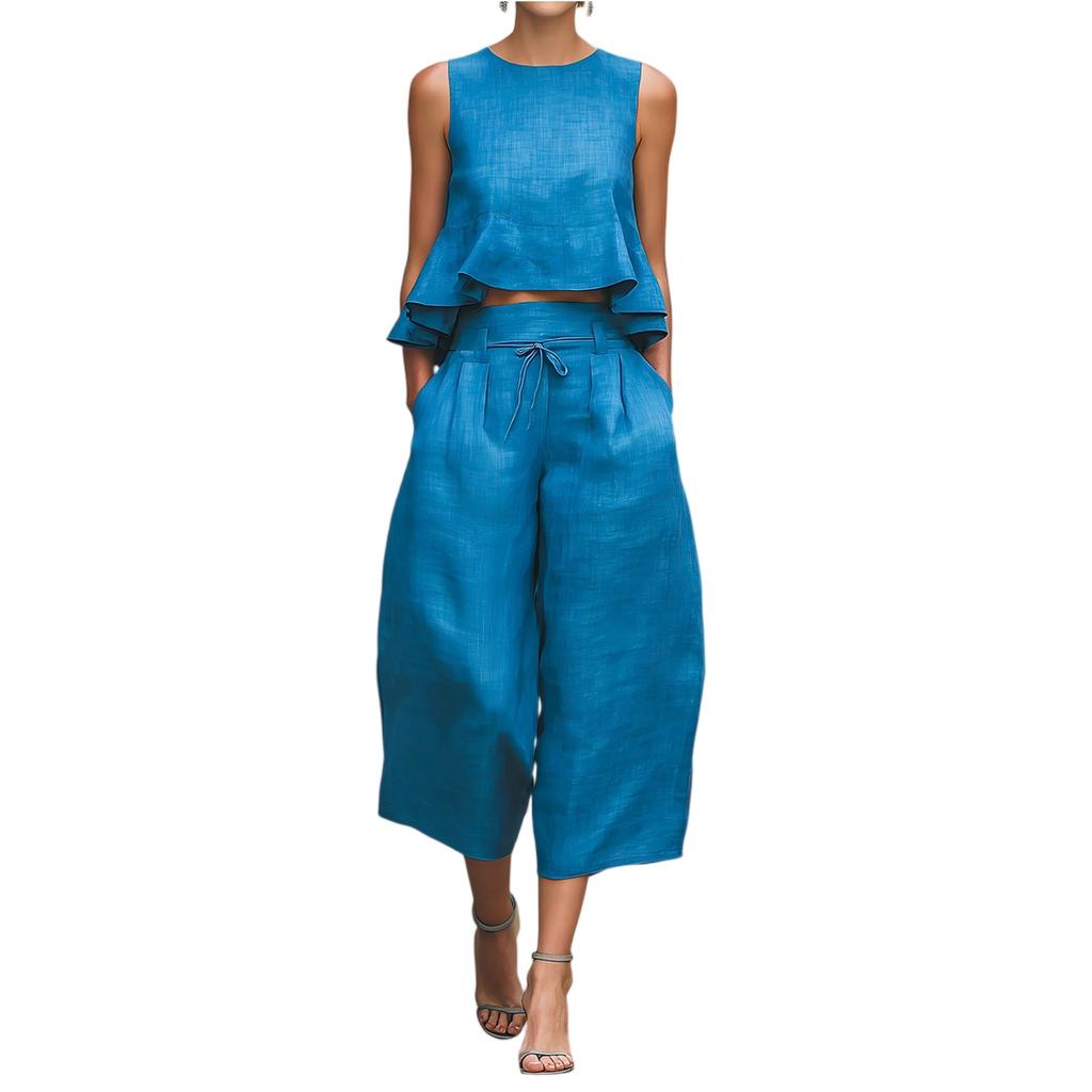 Moda Y Sexy Traje De Lino Con Cinturón Elástico Para Mujer Primavera y Verano Retro Conjunto Casual De Dos Piezas Moda Femenina Color