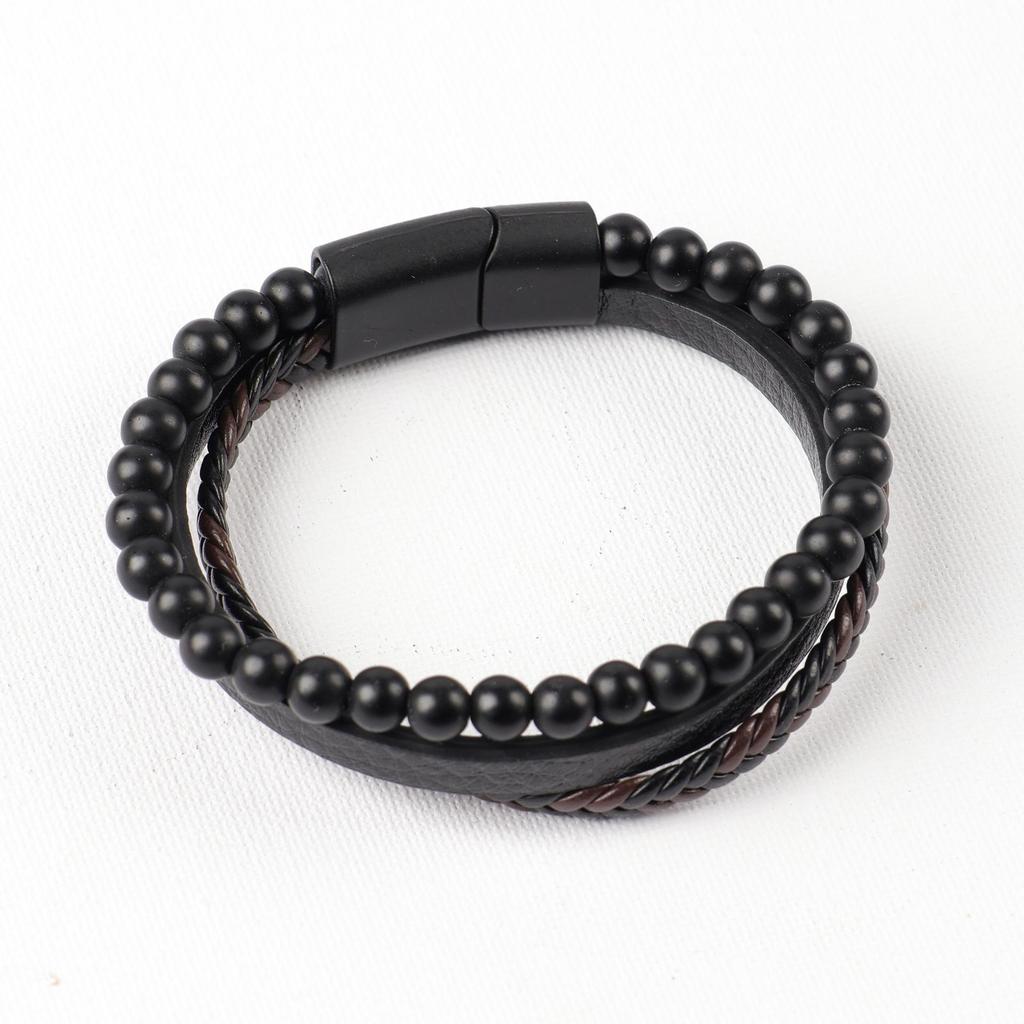 Herren Trendy Mehrschichtiges Leder & Vulkanstein Armband