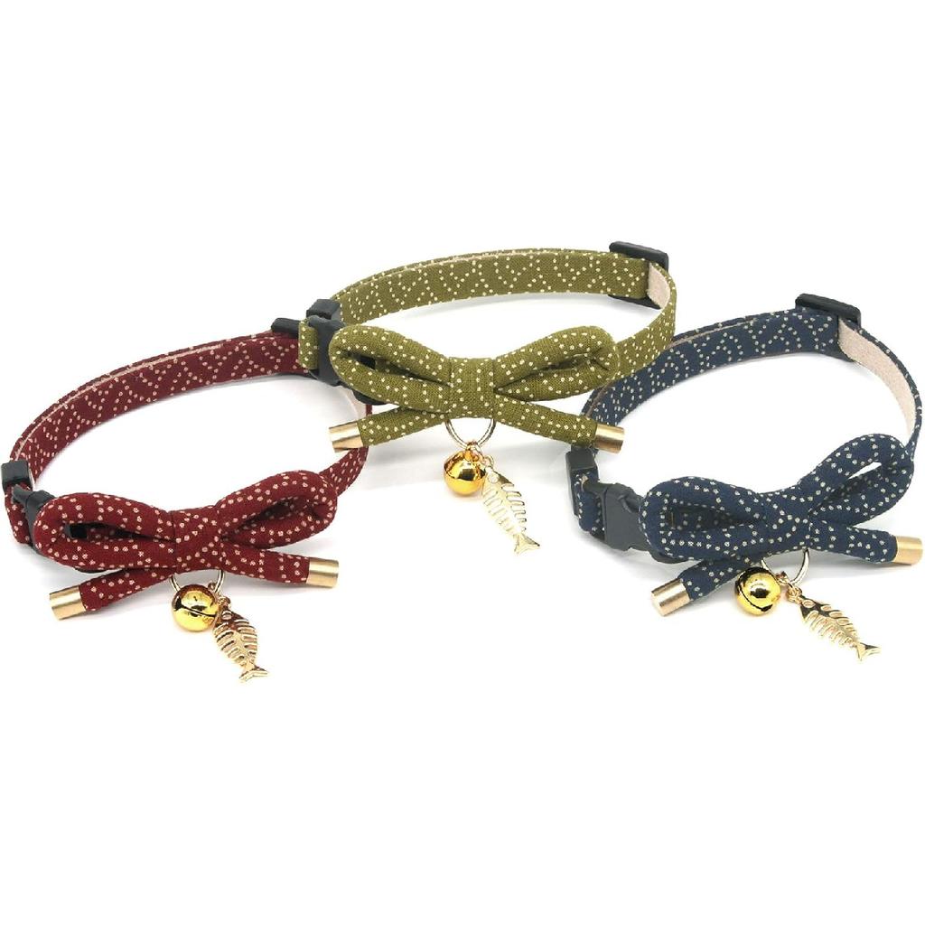 PetSoKoo Cute Bowtie Cat Collar with Bell. Japanese Stylish Bowknot & Fish Charm. Safety Breakaway, Soft, Lightweight, for Girl Boy Male Female Cats