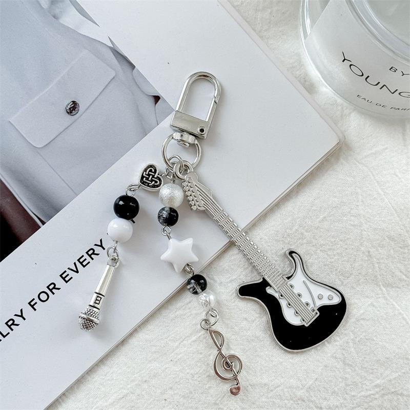 Cute Guitar Microphone Bead Mobile Phone Chain Charm Sweet Keychain Backpack Musical Note Pendant Bag Hanging Ornament Girl Gift