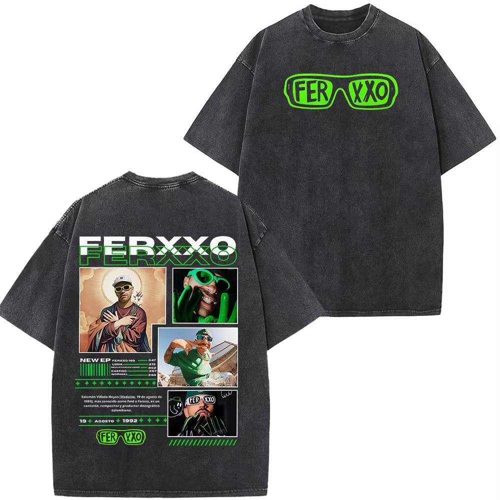 Summer Hot Sale Rapper Feid Ferxxo Tour 2026 Print Vintage Washed Tees Men Women Fashion T-shirts Hip Hop Streetwear Gothic Cotton Oversized T-shirt
