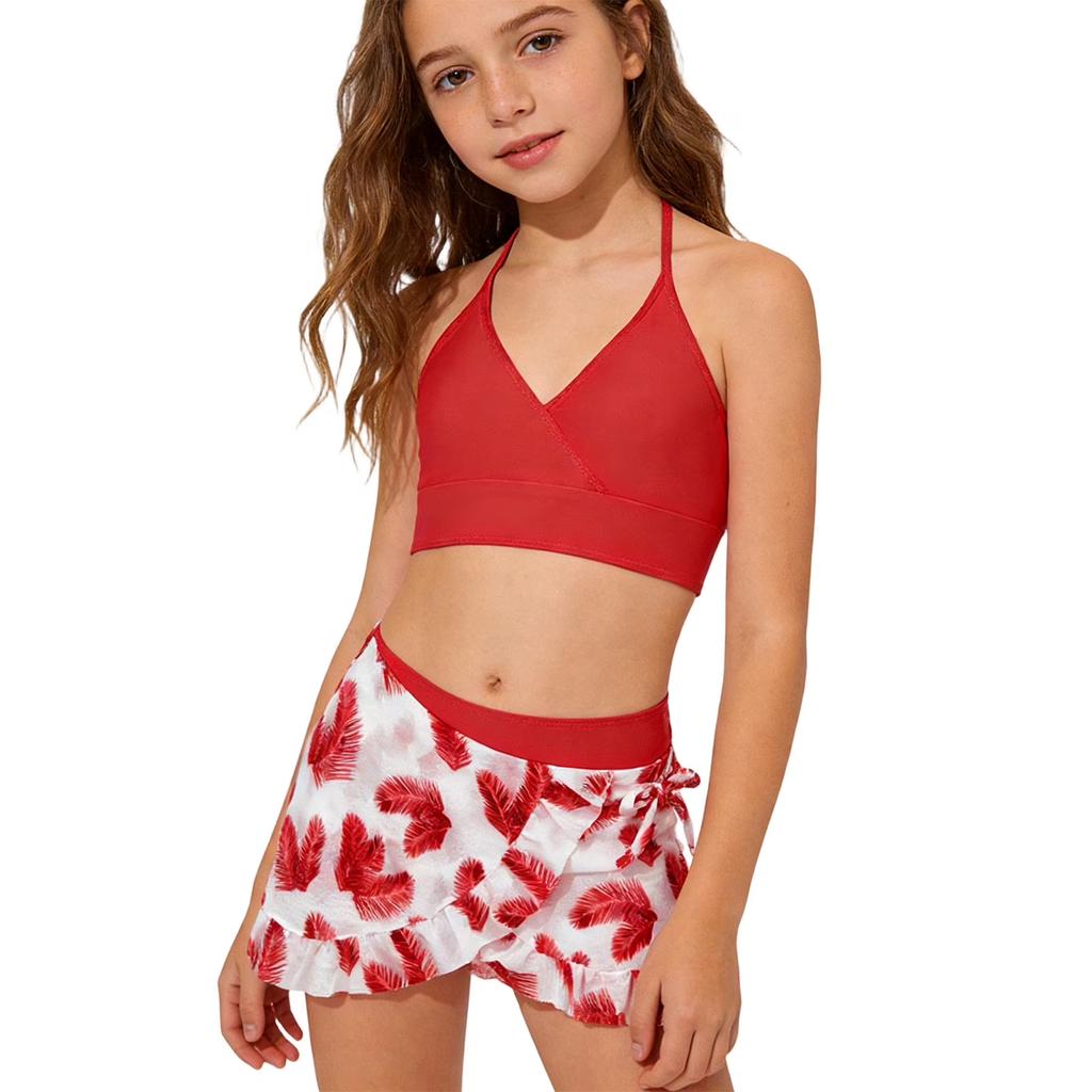 Girls Two Piece Swimsuit Set Adjustable Straps Bikini Top High Waist Bottom with Ruffle Skirt Cover Up Lightweight Swimwear for Kids