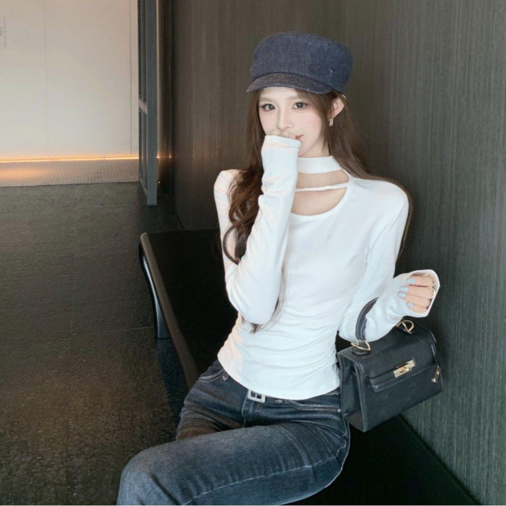 Women's Autumn Winter Hanging Neck Base Shirt Solid Color Slim Fit Korean Style Top Temperament Commuting Style Lady Pullover Shirt