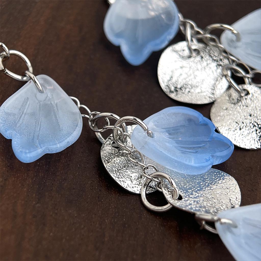 Gradient Blue Flower Petal Crystal Tassel Earrings - Cool, Elegant Seaside Vacation Style