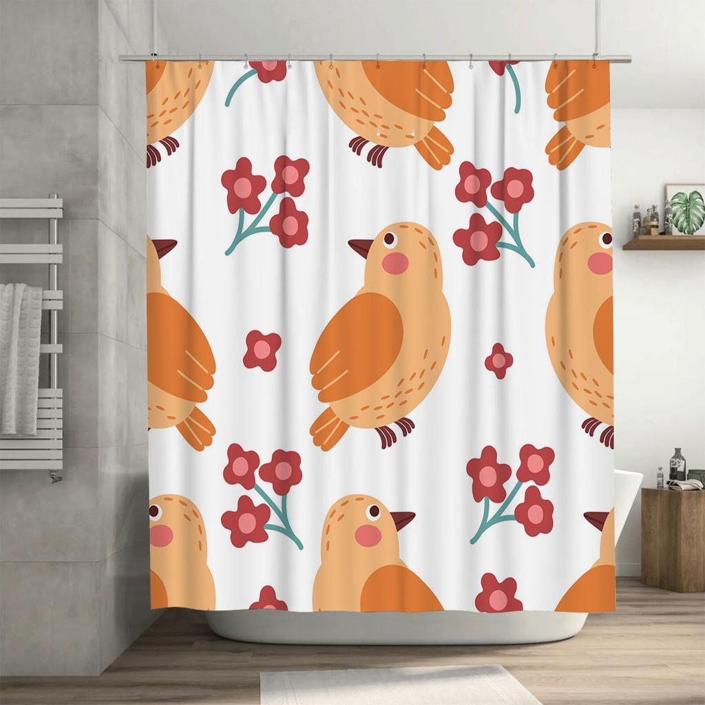 Cute Cartoon Animal Floral Shower Curtain Modern Kids Bathroom Decor Customizable Design Washable Fabric (White)