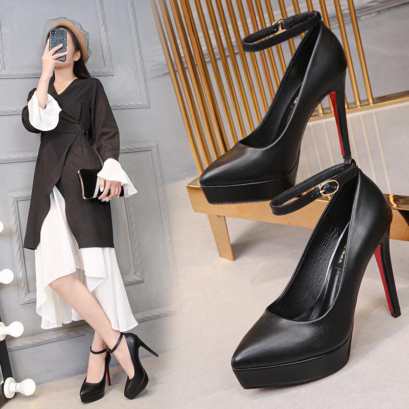 Women's high heels 2026 summer slim heel waterproof platform black work shoes 12cm single shoe women