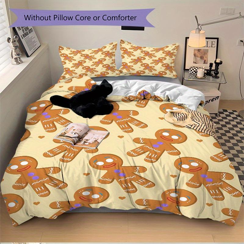 3Pcs Gingerbread Man Printed Bedding Set, Breathable And Soft,(Includes 1 Duvet Cover And 2 Pillowcases, Quilt Not Included) Yy250815192