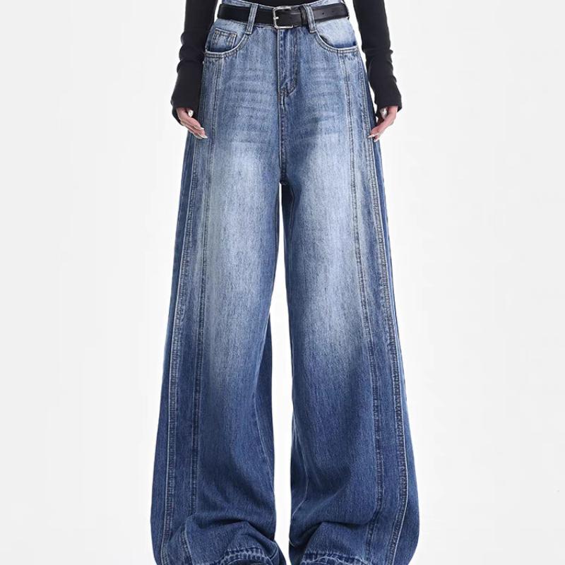 GMXIA Weitbeinige Jeans Damen Locker Hochtailliert Fallend Hundert Schleppende Hosen Taschen High Street Trend Gerade Hosen