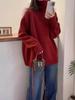 Solid Red Fluffy Knitwear: Women's High Neck Long Sleeve Sweater for Autumn and Winter