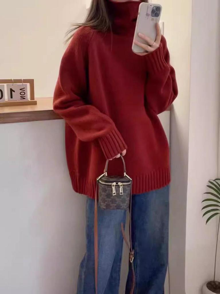 Solid Red Fluffy Knitwear: Women's High Neck Long Sleeve Sweater for Autumn and Winter