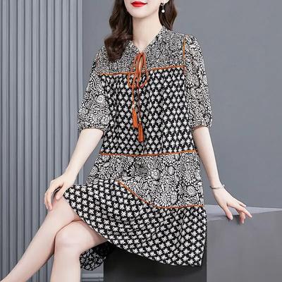 Printed Dress Women Summer Dress New Small High-end Loose and Thin Short-sleeved Belly-covering Short Sleeve Dress Female