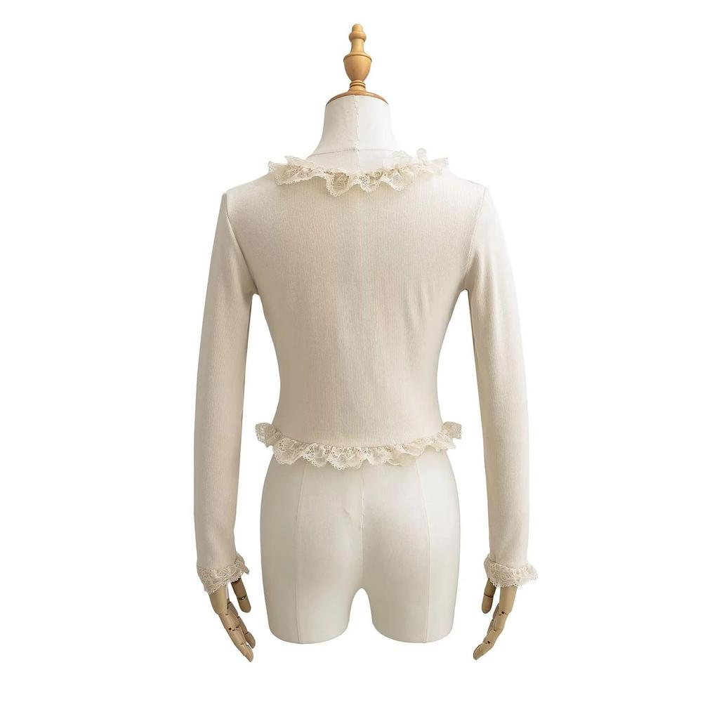 Sweet Lace Trim Patchwork V-Neck Women's Long Sleeve Slim Fit T-Shirt for Spring 2025