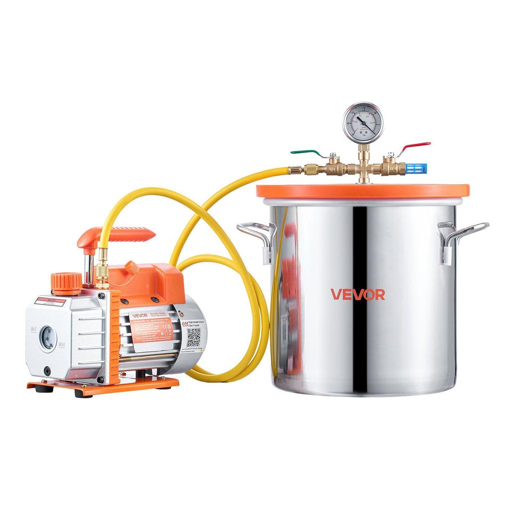 11.36 L Vacuum Chamber with Pump, 3.5 CFM 99 L/min, Single Stage Vacuum Pump, Stainless Steel Degassing Chamber Kit, Tempered Glass Lid, 1.5 M Hose,