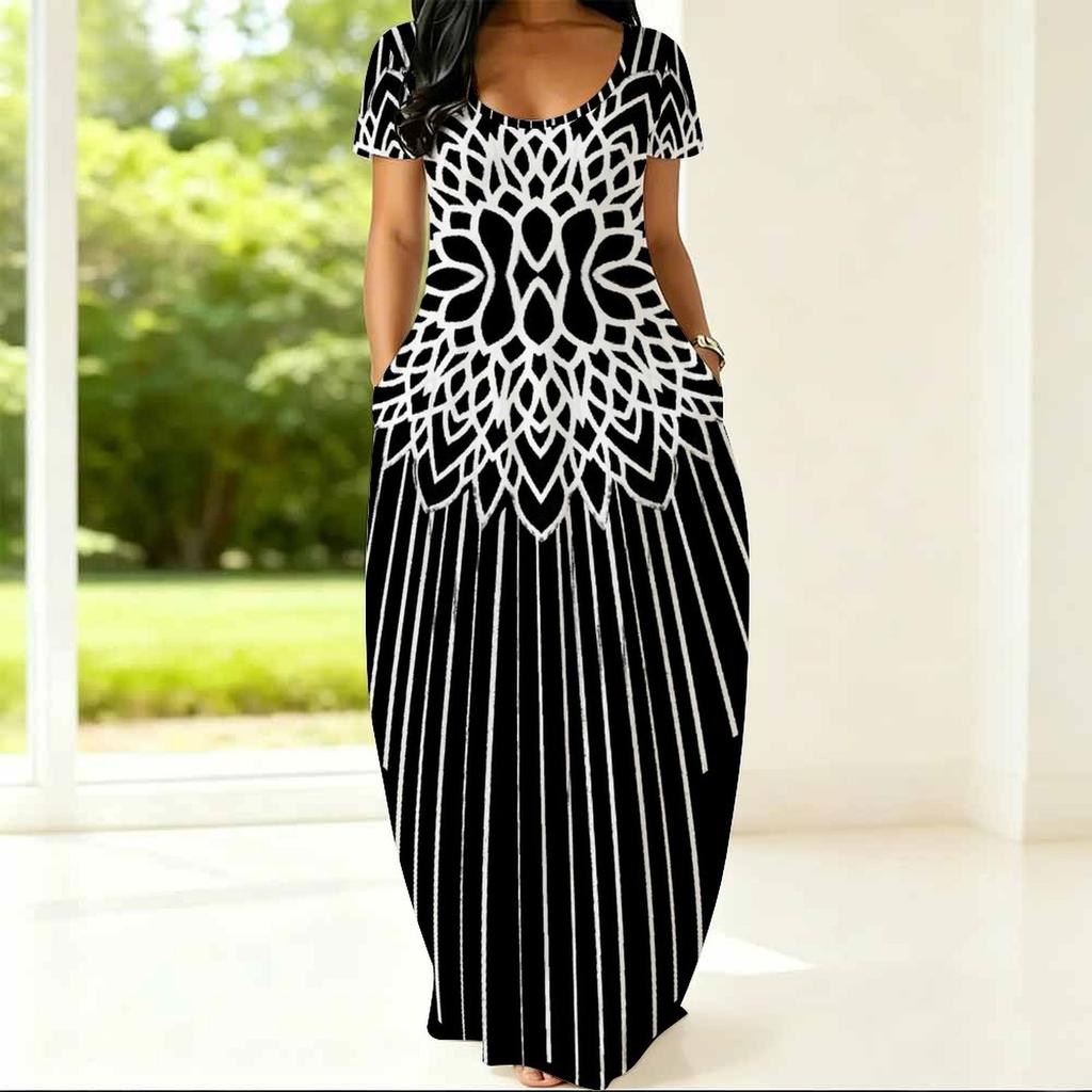 Summer Loose Crew Neck Dress Short Sleeve Plus Size For Ladies Daily Attire
