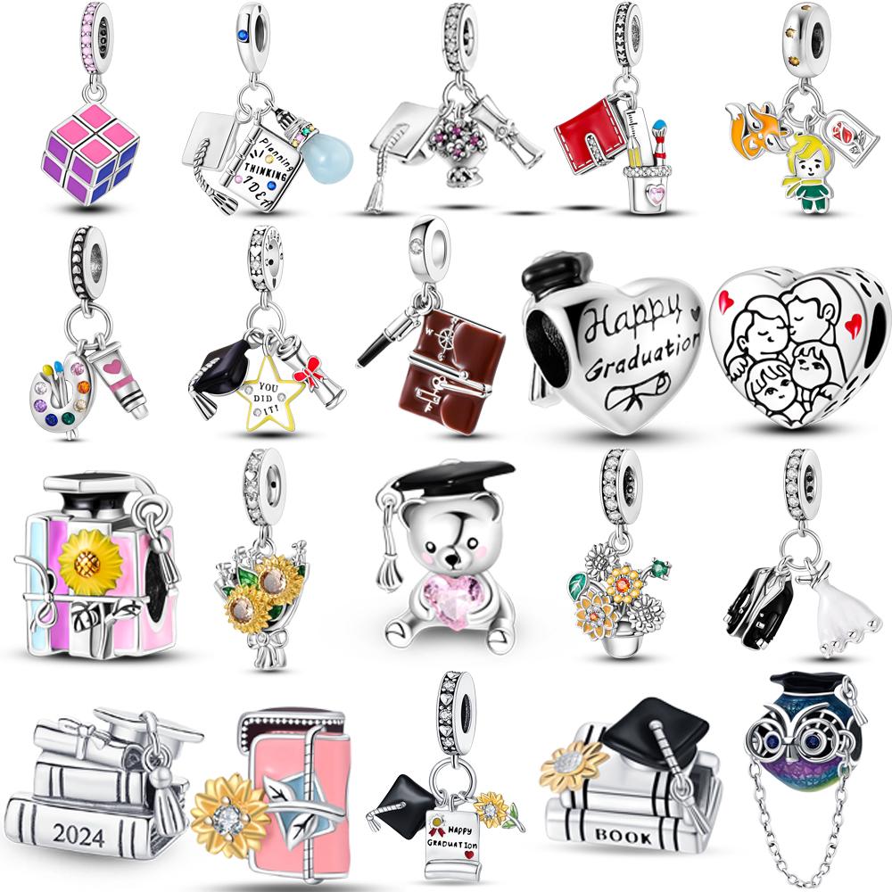 

Silver Plated Happy Graduation Mortarboard Charms Beads Pendants Fit Original DIY Bracelet Gift Women Jewelry